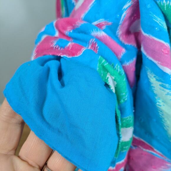 Crown Ivy Maxi Dress XL Blue Pink Ikat Smocked Tie Tiered Swiss Dot Beach Preppy - Picture 12 of 14